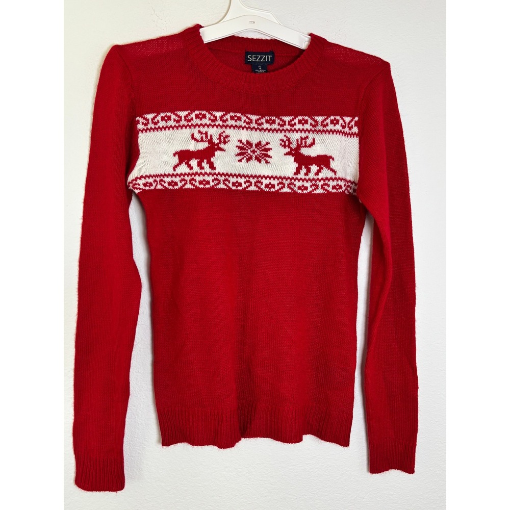 Sezzit Red Fair Isle Reindeer Snowflake Holiday Sweater XL 18 Crewneck Acrylic